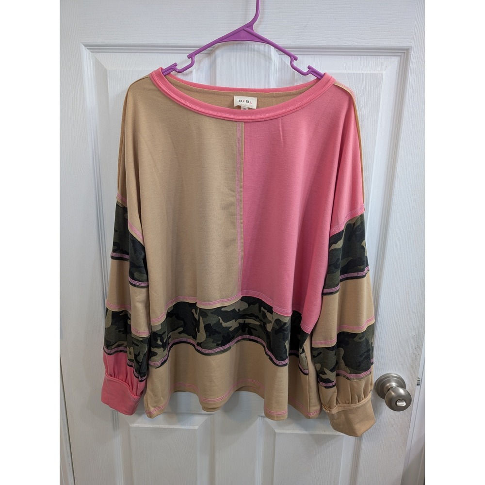 BiBi Camo Colorblock Top Women Contrast Stitch Long Sleeve NWOT - Size XL